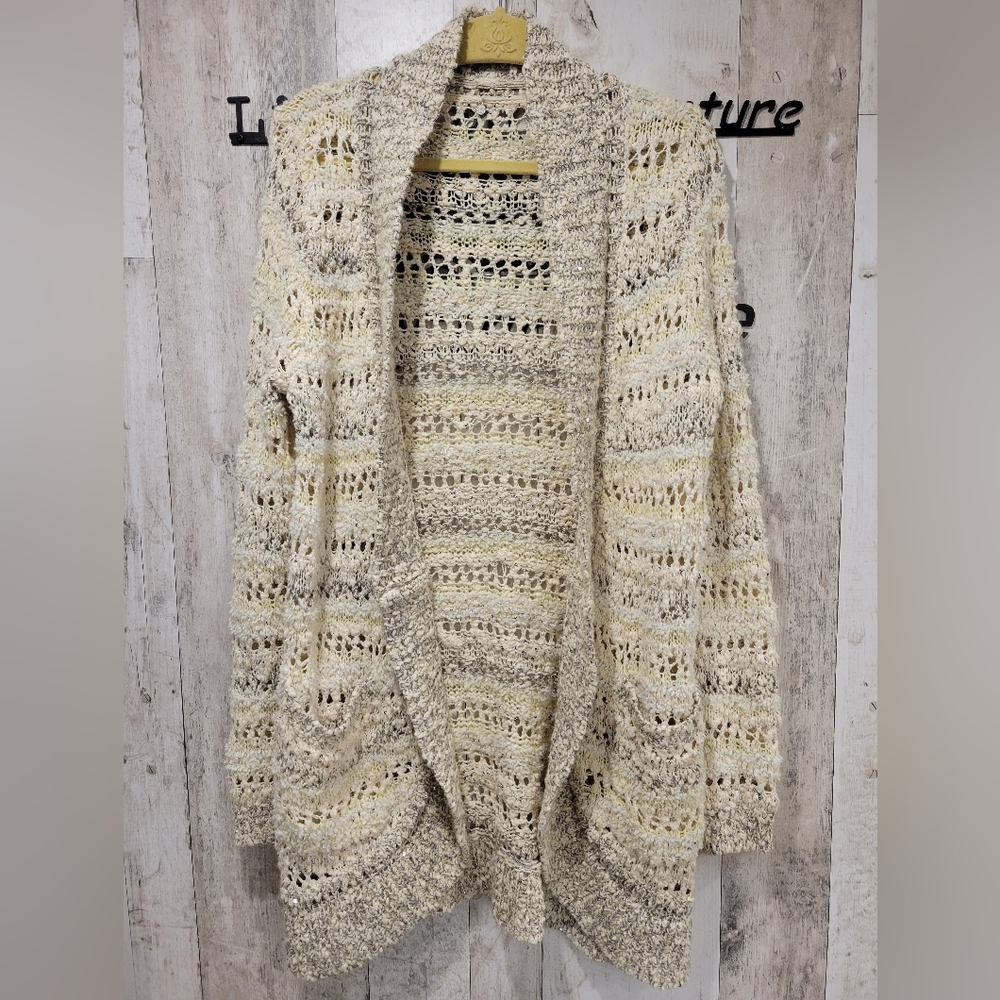Anthropologie Cream and Light Gray Open-Knit Cardigan